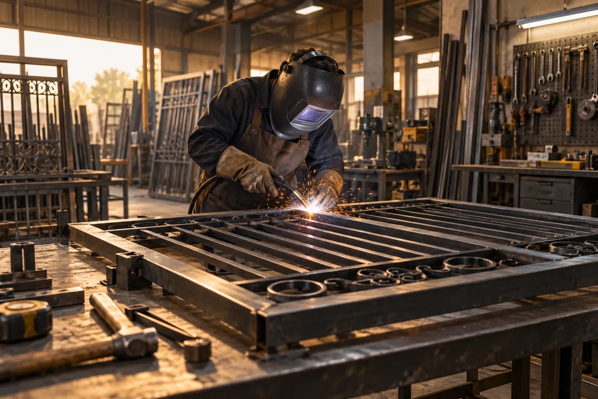 Illustrative workshop scene with a welder fabricating a steel gate