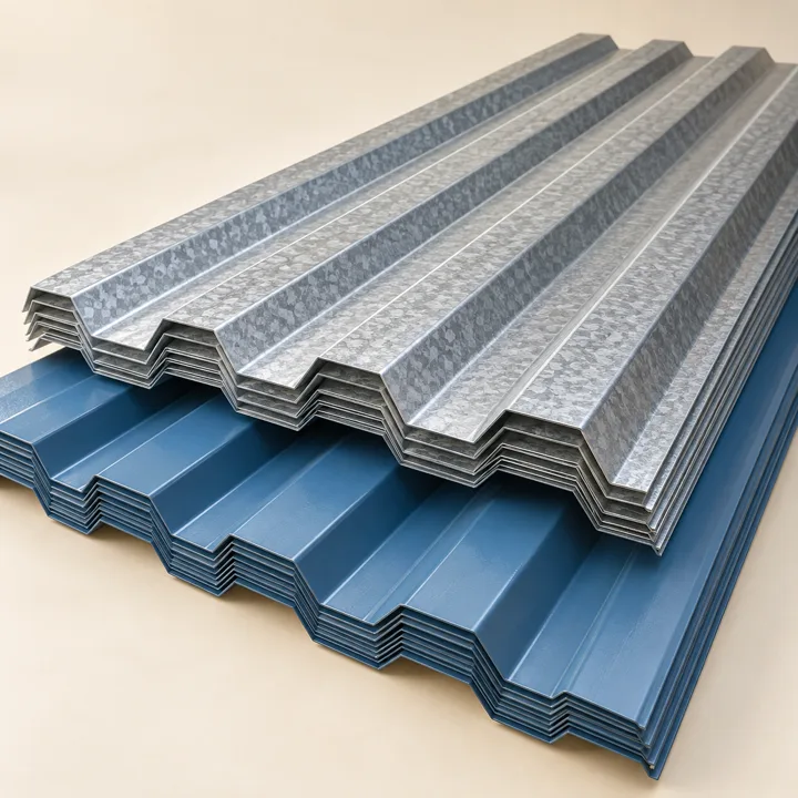 Stacked silver and blue profiled roofing sheets