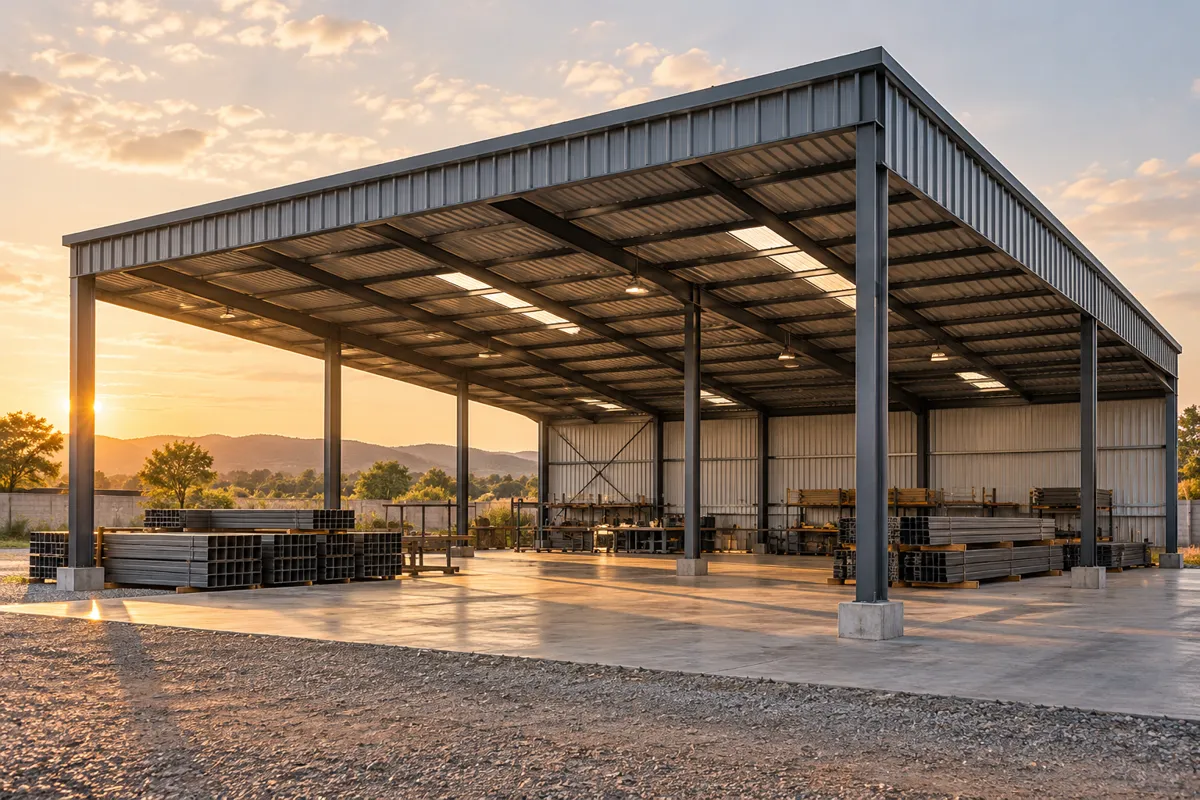 Illustrative steel shed with profile roofing sheets